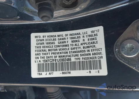 2018 Honda Civic Ex from USA, damaged, VIN 19XFC2F81JE002486